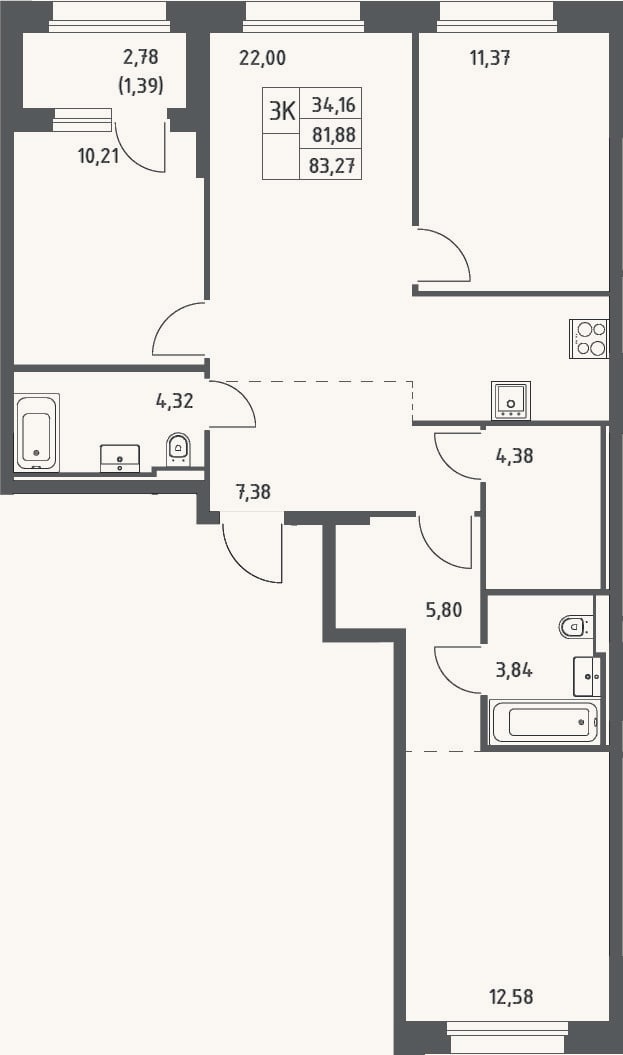 Планировка: 3-к, 81,9 м²