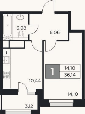 Планировка: 1-к, 34,6 м²
