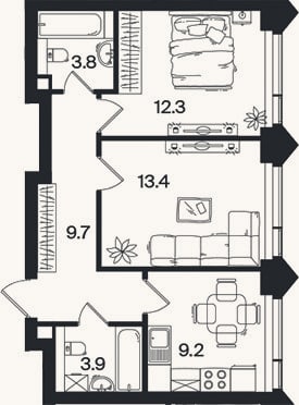 Планировка: 2-к, 52,3 м²