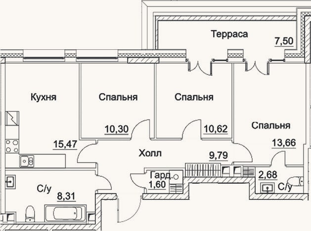 Планировка: 3-к, 72,4 м²