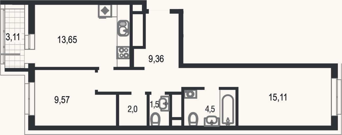 Планировка: 2-к, 50,5 м²