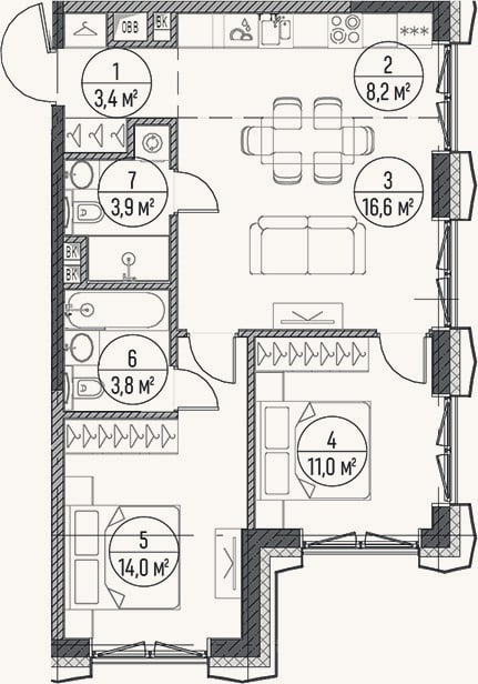 Планировка: 3-к, 60,9 м²