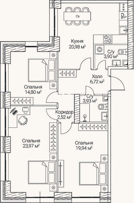 Планировка: 4+ к, 96,8 м²