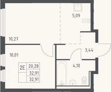 Планировка: 2-к, 32,9 м²