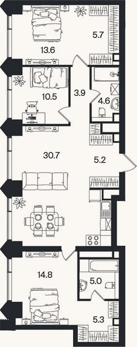 Планировка: 4+ к, 98,8 м²