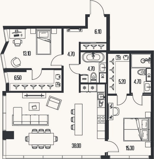Планировка: 2-к, 98,3 м²