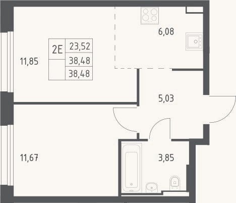 Планировка: 2-к, 38,5 м²
