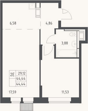 Планировка: 2-к, 44,4 м²