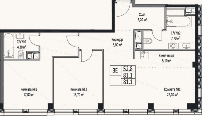 Планировка: 3-к, 81,1 м²