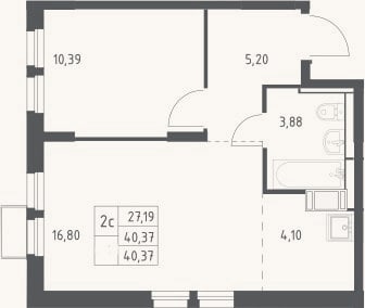 Планировка: 2-к, 40,4 м²