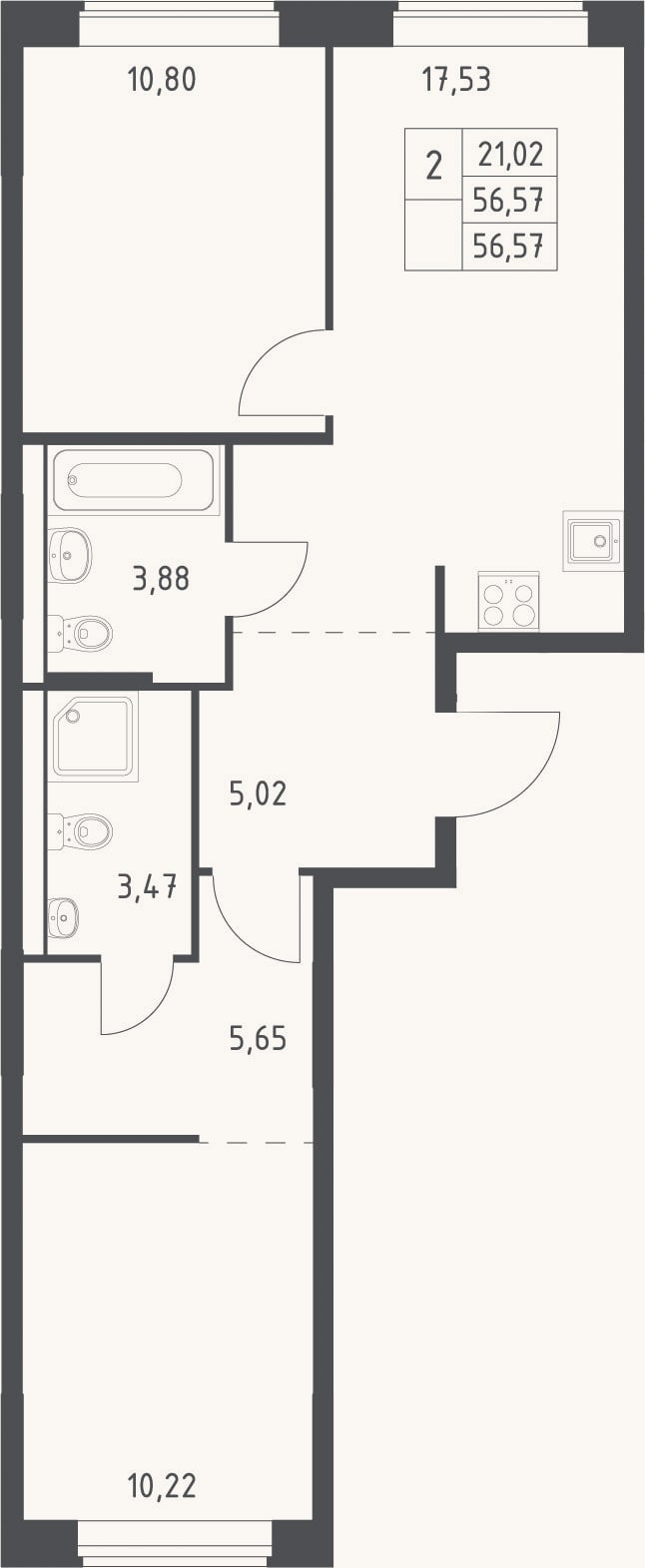 Планировка: 3-к, 56,6 м²