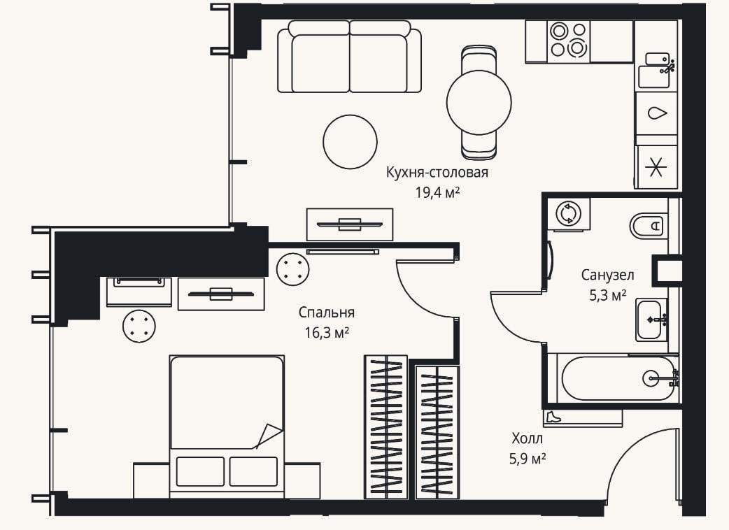 Планировка: 2-к, 46,9 м²