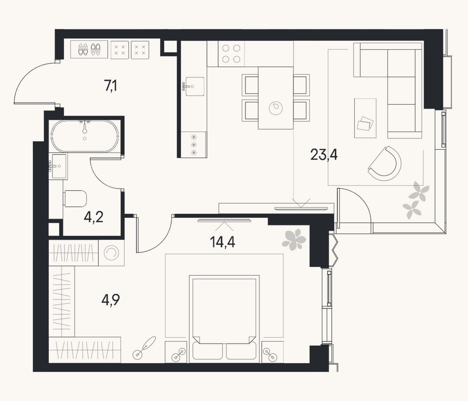 Планировка: 2-к, 54 м²