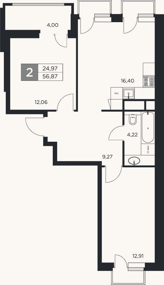 Планировка: 3-к, 54,9 м²