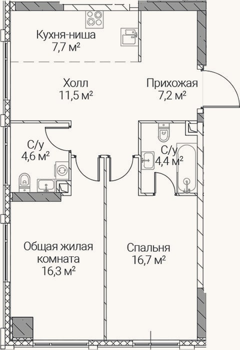 Планировка: 3-к, 68,4 м²