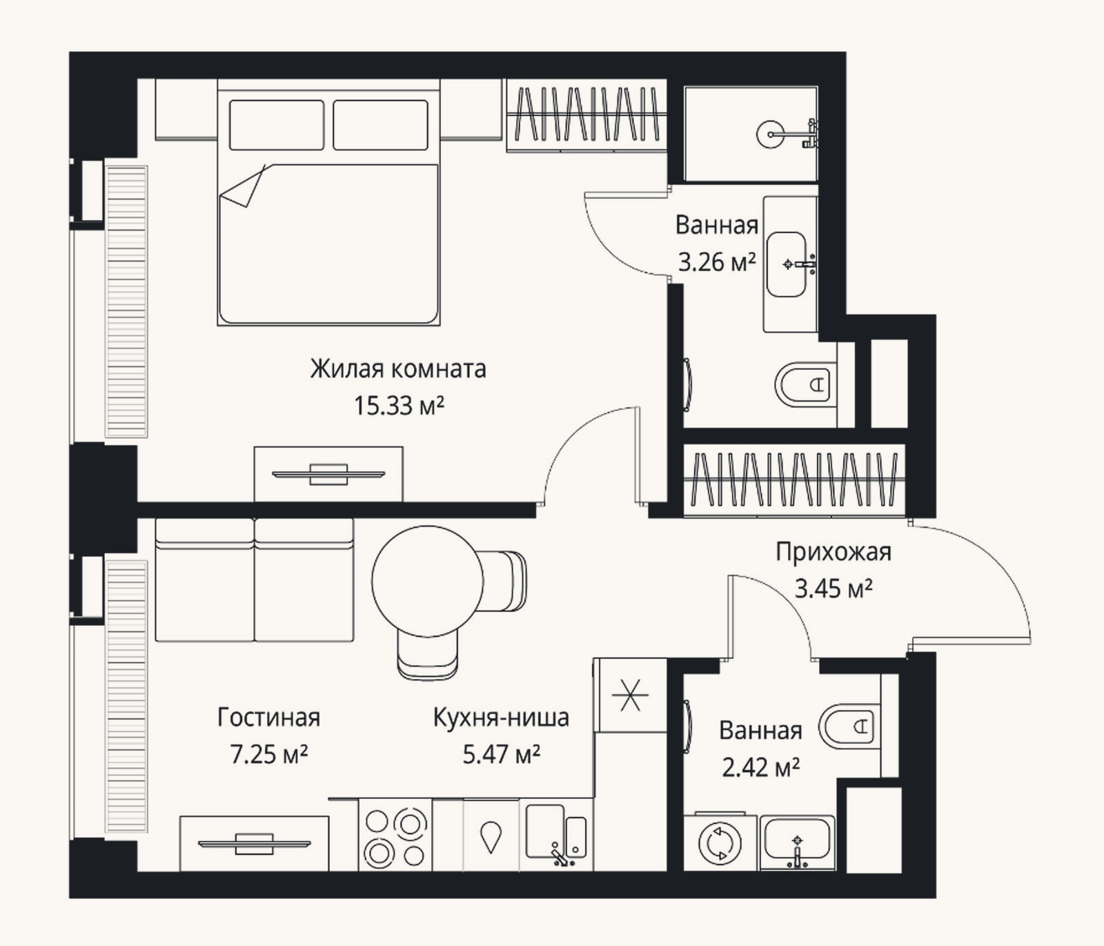 Планировка: 2-к, 37,2 м²