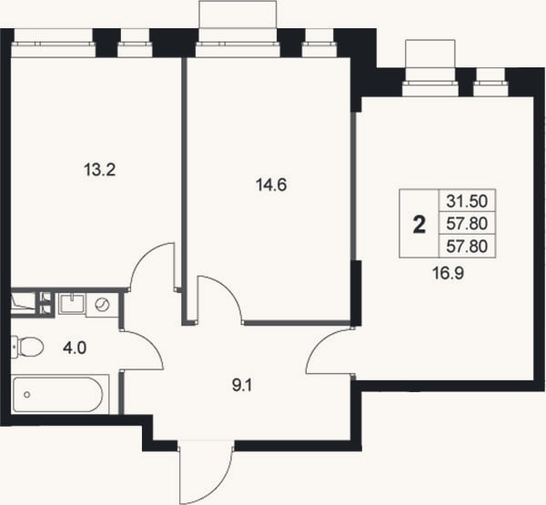 Планировка: 2-к, 57,8 м²