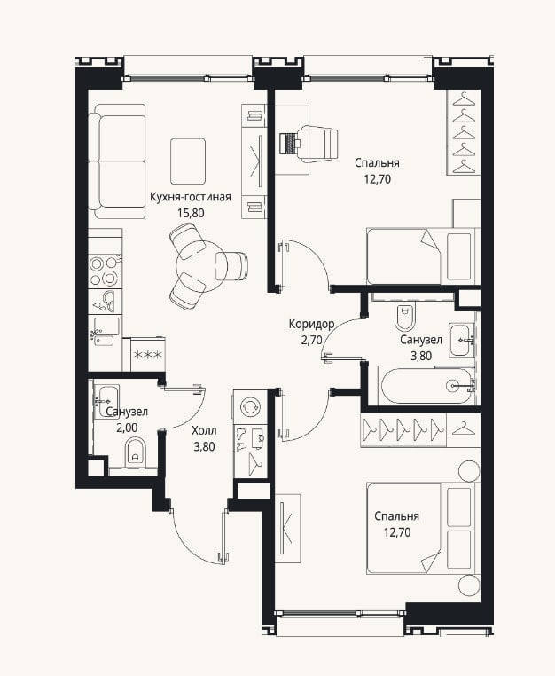 Планировка: 3-к, 53,5 м²