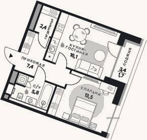 Планировка: 1-к, 45,2 м²