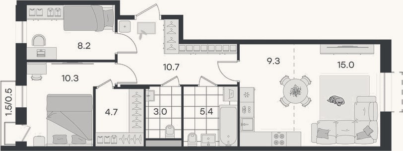 Планировка: 3-к, 66,6 м²