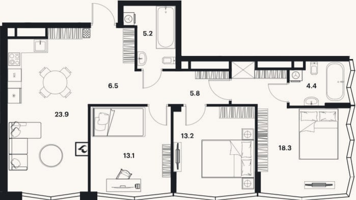 Планировка: 4+ к, 90,4 м²