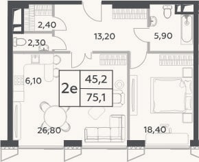 Планировка: 2-к, 75,1 м²