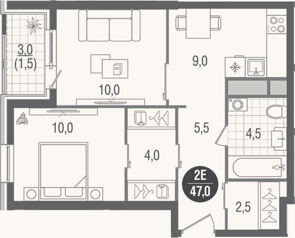 Планировка: 2-к, 45,5 м²