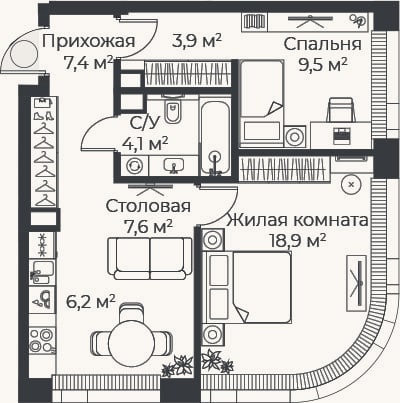 Планировка: 3-к, 57,6 м²