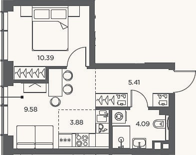 Планировка: 2-к, 33,4 м²
