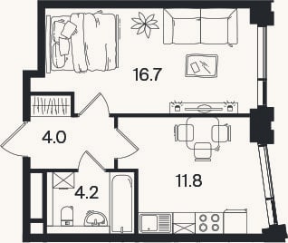 Планировка: 1-к, 36,7 м²