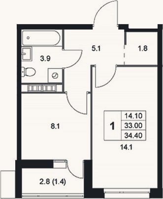 Планировка: 1-к, 33 м²