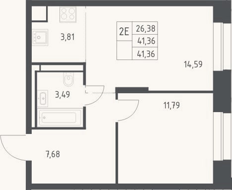 Планировка: 2-к, 41,4 м²