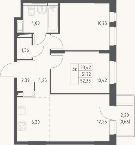 Планировка: 3-к, 51,7 м²