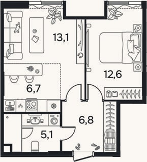 Планировка: 2-к, 44,2 м²