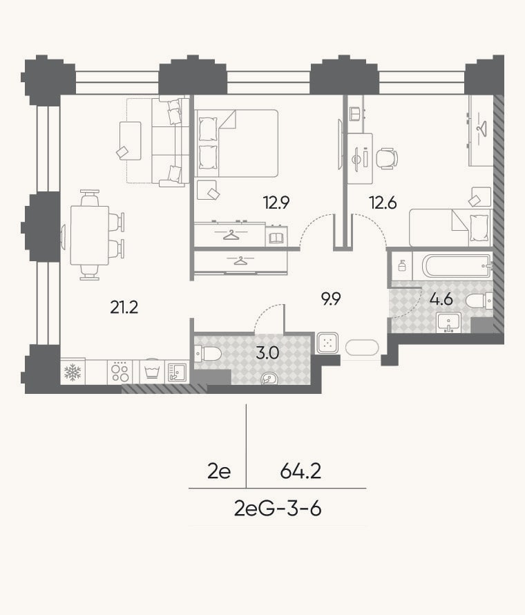 Планировка: 3-к, 64,2 м²