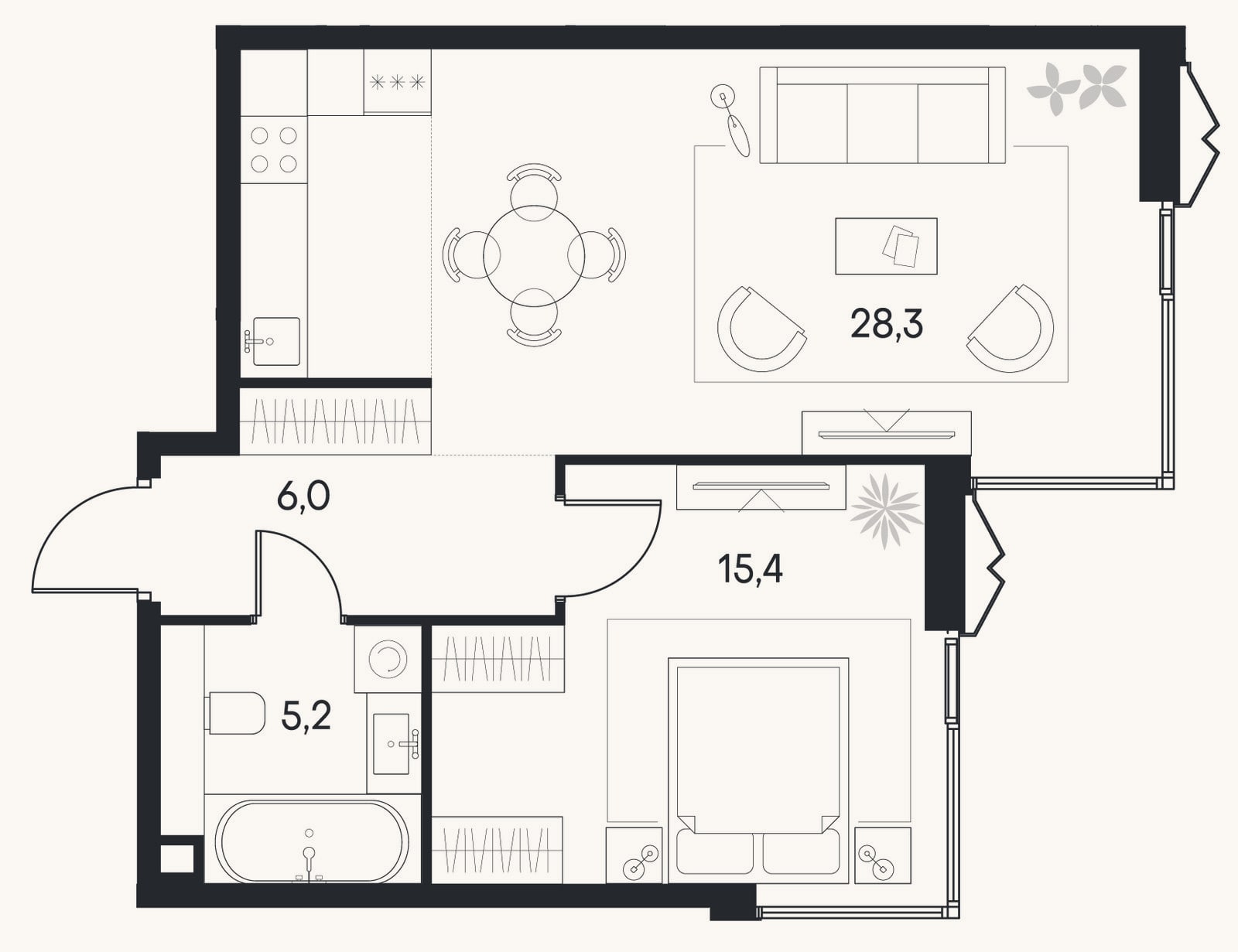 Планировка: 2-к, 54,9 м²