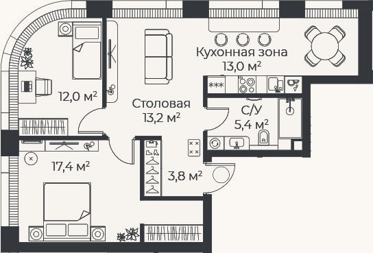 Планировка: 3-к, 64,8 м²