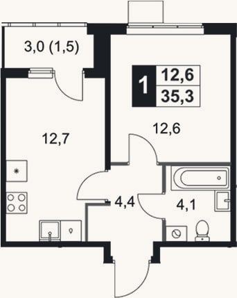 Планировка: 1-к, 33,8 м²