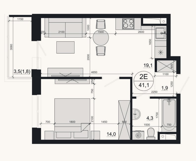 Планировка: 2-к, 39,3 м²