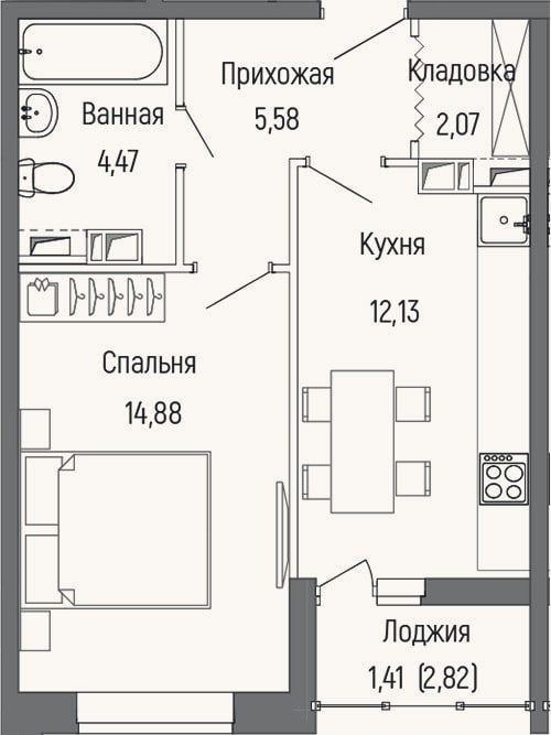 Планировка: 1-к, 39,1 м²
