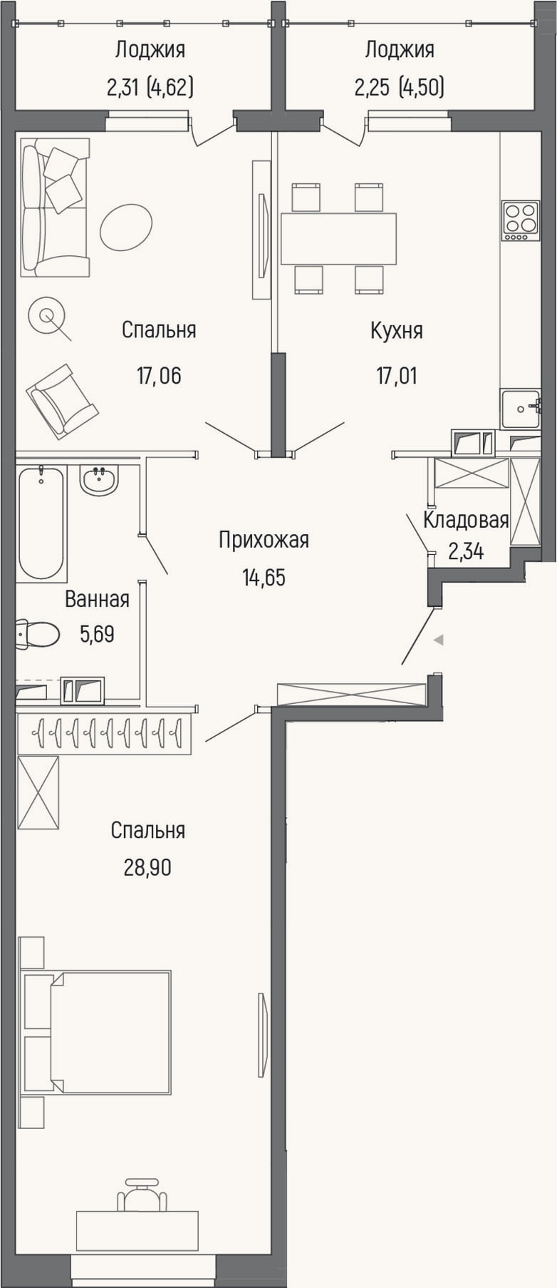 Планировка: 2-к, 84,3 м²