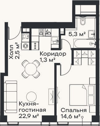 Планировка: 2-к, 46,6 м²