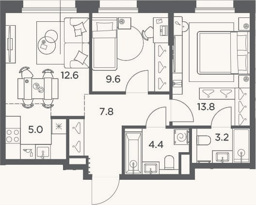 Планировка: 3-к, 56,4 м²