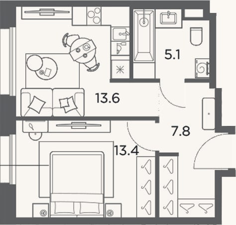 Планировка: 1-к, 39,9 м²