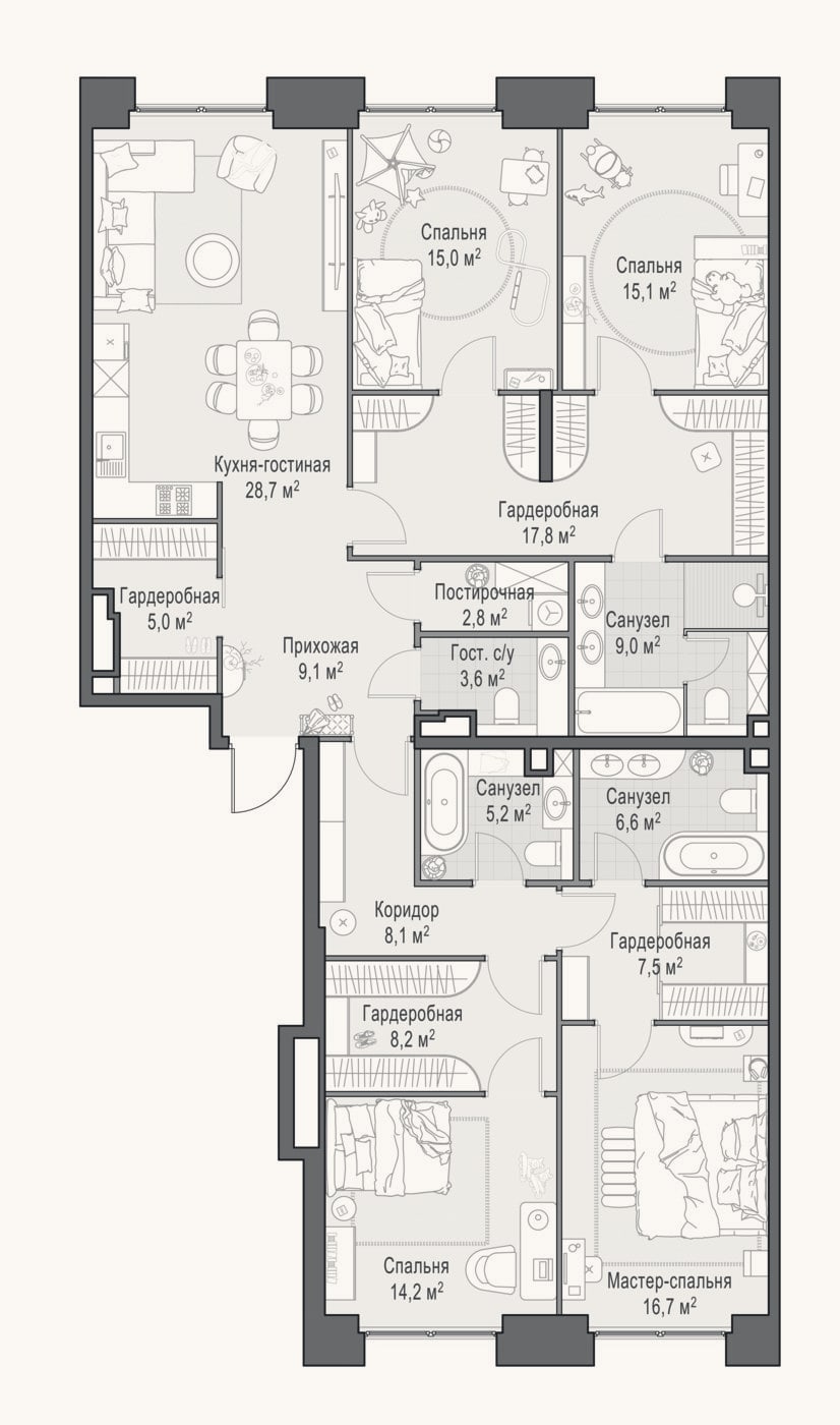 Планировка: 4+ к, 174 м²