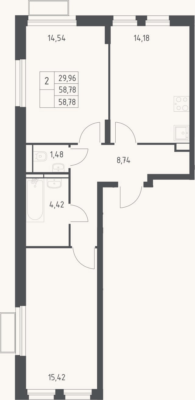 Планировка: 2-к, 58,8 м²
