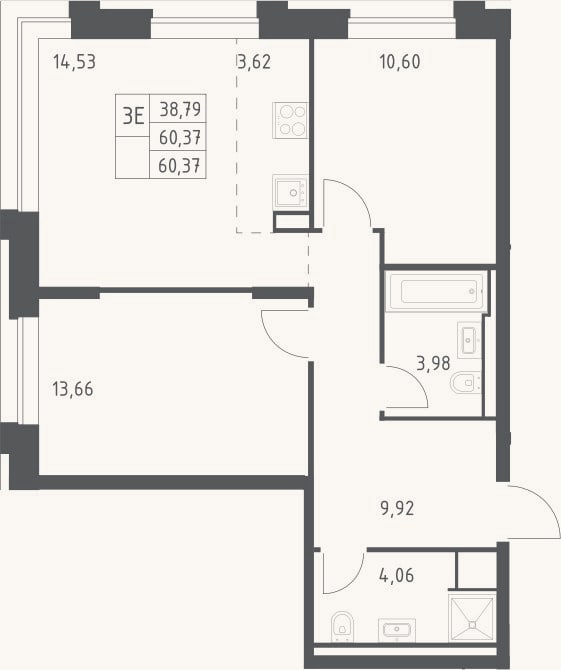 Планировка: 3-к, 60,4 м²