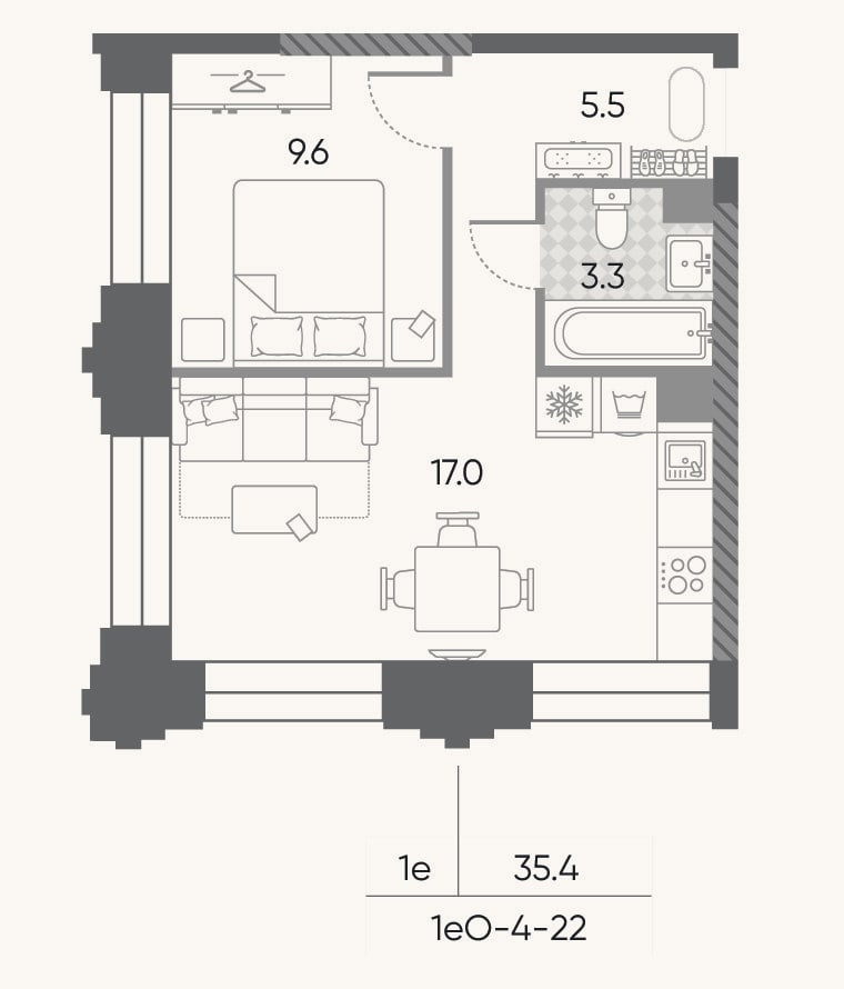 Планировка: 2-к, 35,4 м²