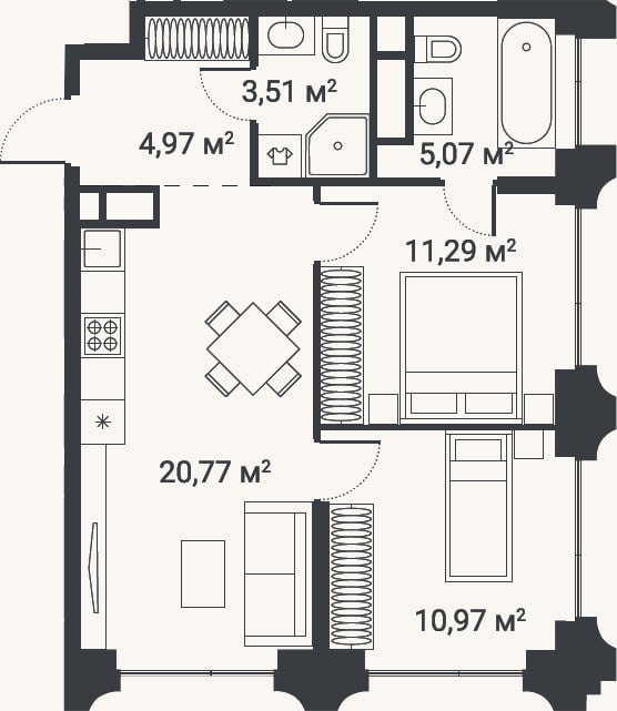Планировка: 3-к, 55,4 м²
