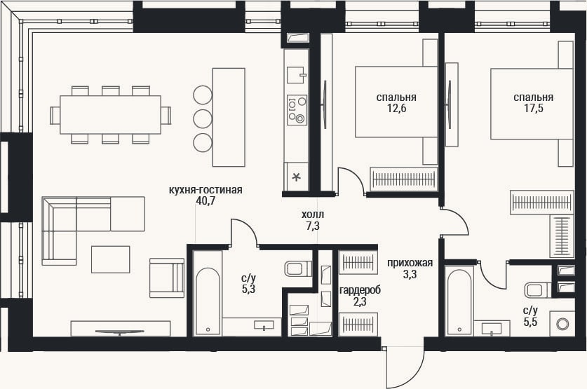Планировка: 3-к, 94,5 м²